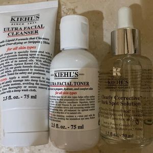Kiehl’s cleanser, toner, and dark spot serum
